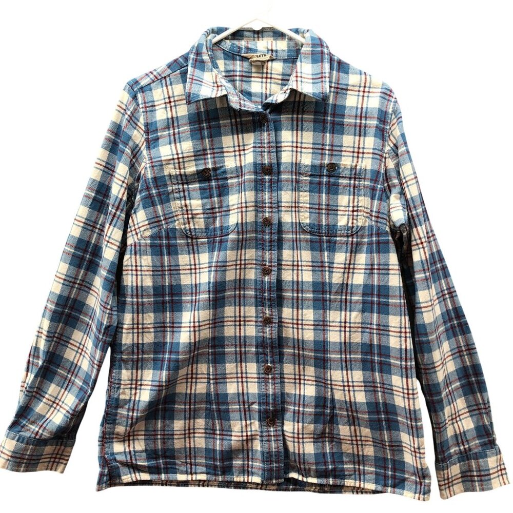 Duluth Trading Flannel Shirt Mens M Blue Ivory Plaid Long Sleeve Button Up